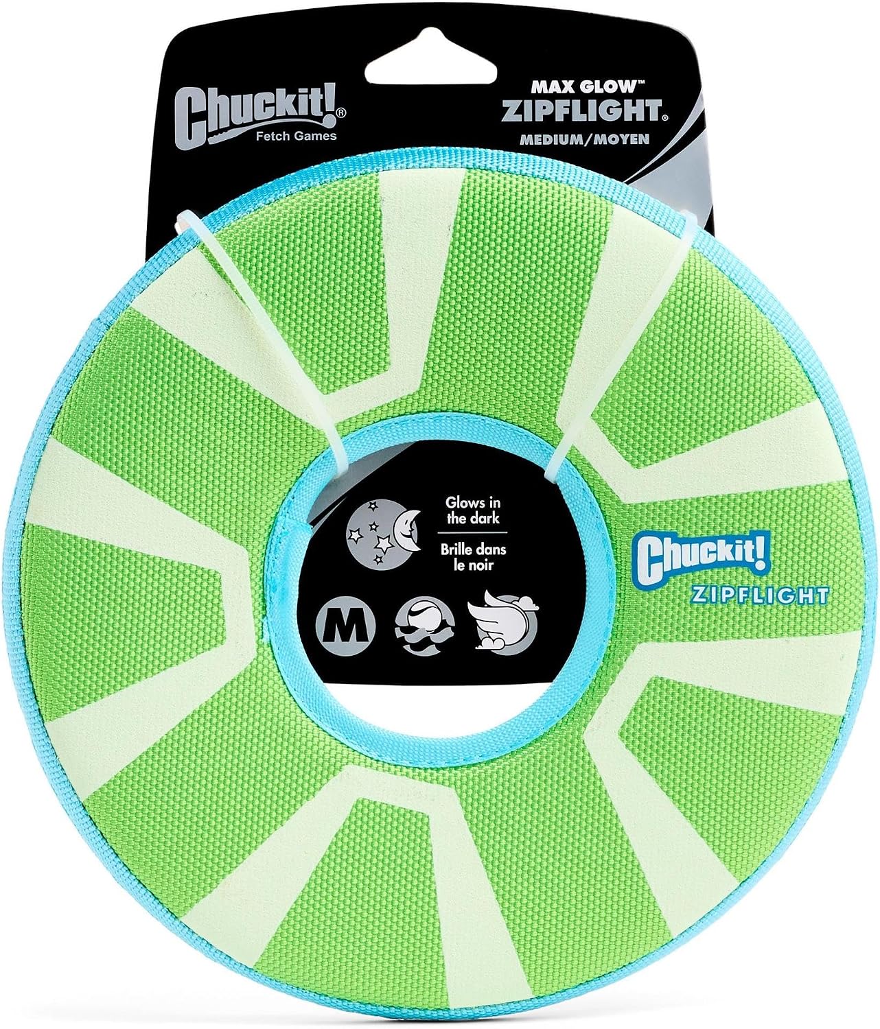 Chuckit! Max Glow Zipflight Flying Disc Dog Toy, Floats, Medium, 8.5in Green and Cyan